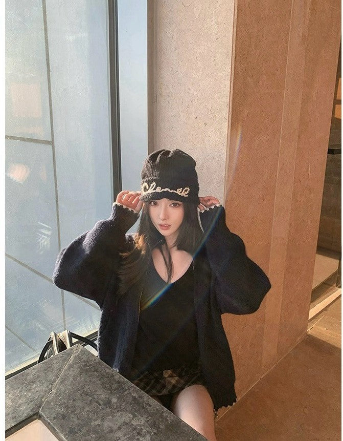 25Nov. 沉靜美式冬日大雪花片針織外套 藏藍