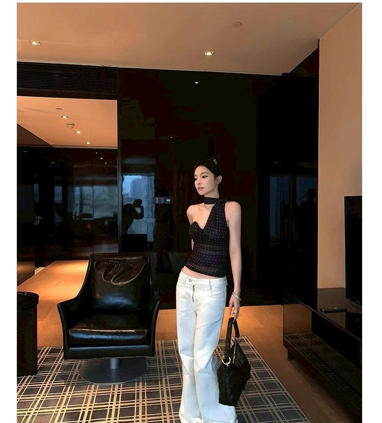 25Aug. 疊影織夢帶胸墊繞頸波點背心 黑