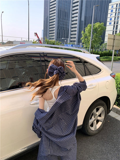 Jun. 奶藍泡芙休閒輕氧格紋襯衫 同花紋休閒褲 深藍格紋