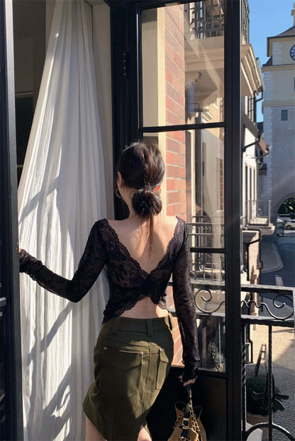 25Dec. 性感掛捕夢蕾絲拼接高彈美背上衣 杏/黑