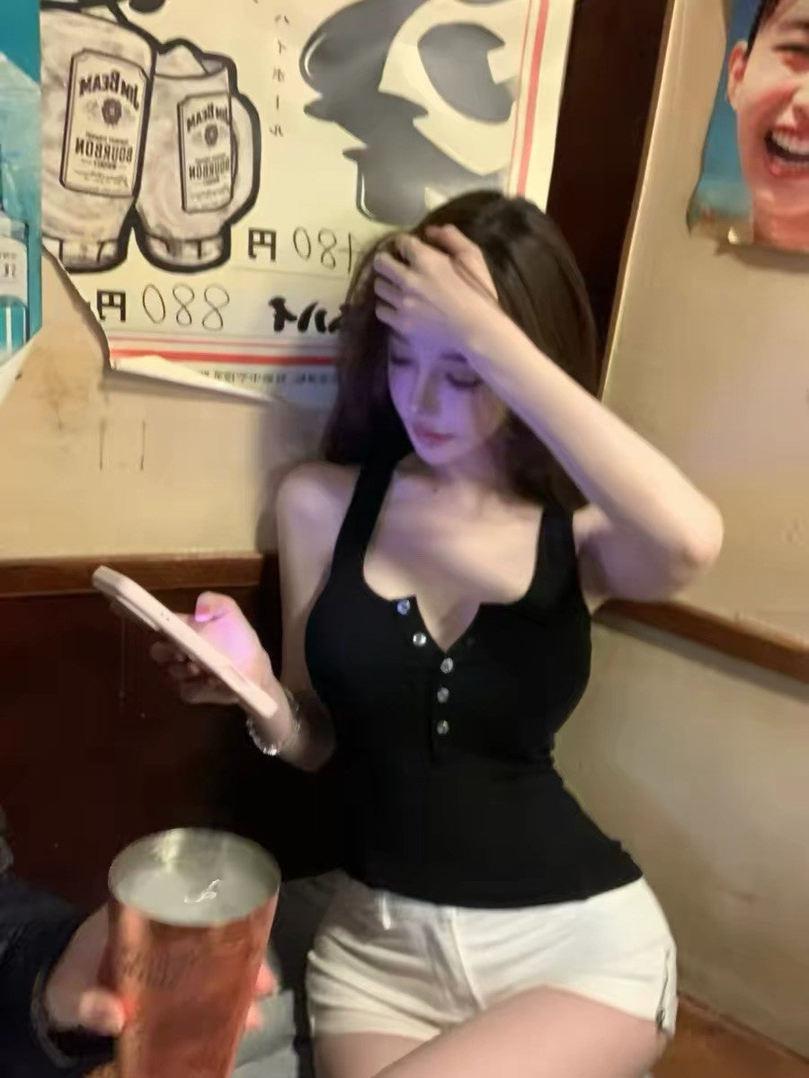 26Jun. 美式亨利 辣妹鈕扣U領背心 桃粉/黑