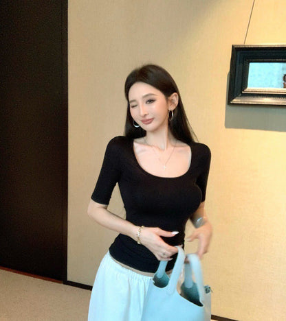 25Jul. 淡顏天菜 U領/圓領正肩好版型上衣 米白/黑色