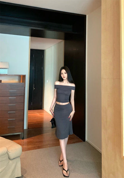 25Sep. 輕熟御姐一字領七分裙套裝 灰