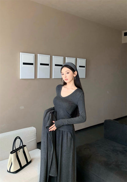 25Dec. 舒適至上多用式披肩U領長袖打底休閒褲三件套 灰