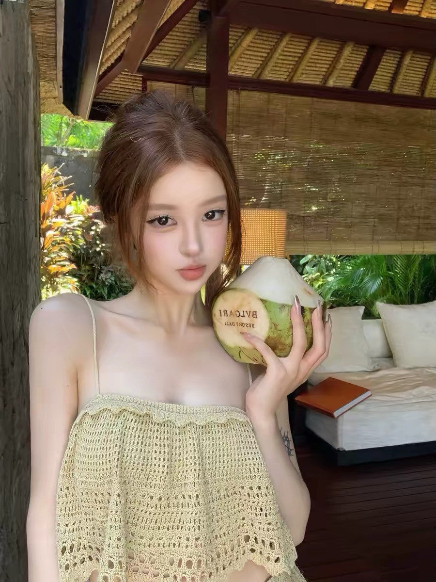 26Jun. Island 手工鉤花波浪木耳邊背心蛋糕裙套裝 白/咖