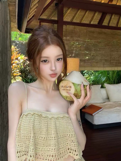 26Jun. Island 手工鉤花波浪木耳邊背心蛋糕裙套裝 白/咖