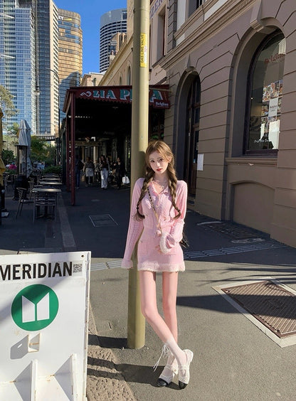 25Nov. 25B粉藍花楹 氣質織紗袖針織半身裙套裝 粉