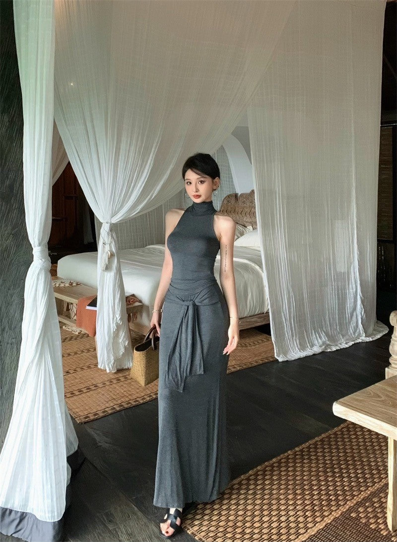 Apr. 清冷高雅簡約純色削肩背心 綁帶半身裙套裝 灰
