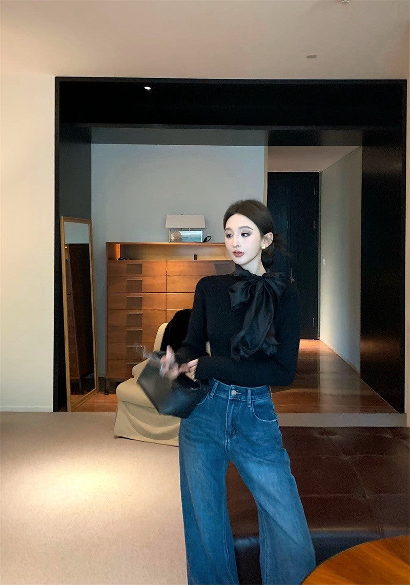 Feb. 內搭高手 綁帶蝴蝶領純色長袖上衣 黑