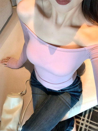 25Nov. 魅惑肩線一字領彈力長袖上衣 粉/白