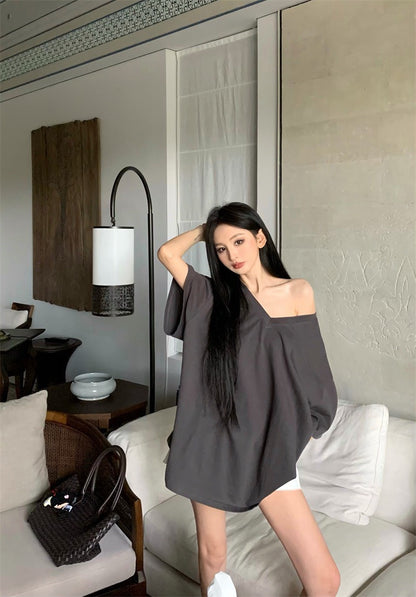 Jun. 在家舒適穿美式寬鬆中長款短袖上衣 灰