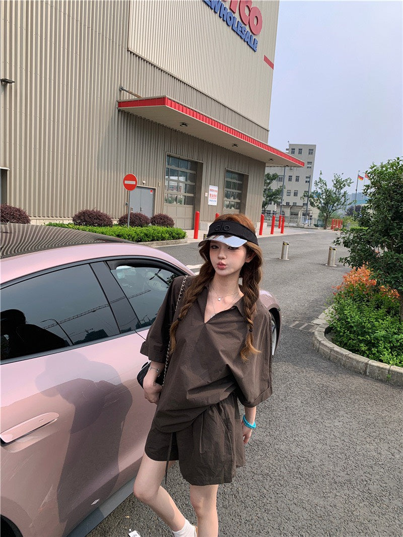 Jun. 街頭素描極簡淡人系列row襯衫上衣 短褲 咖色