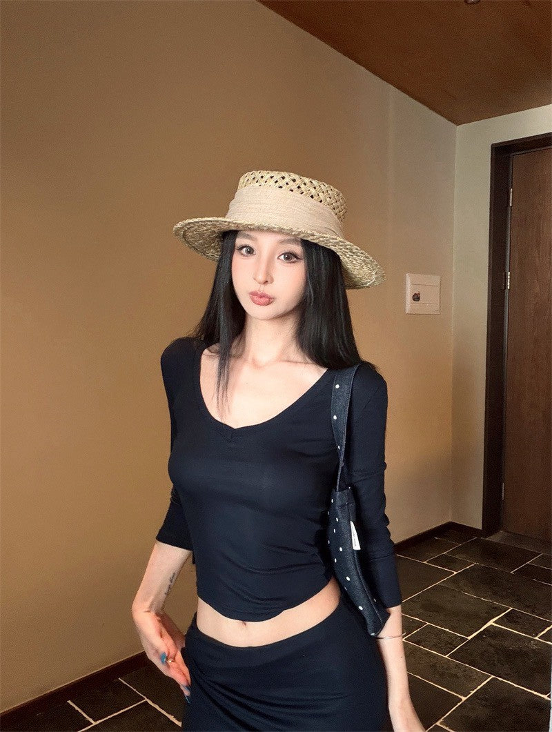 26Jun. 時髦普拉提 修身U領上衣假兩件喇叭褲套裝 粉/咖/藍