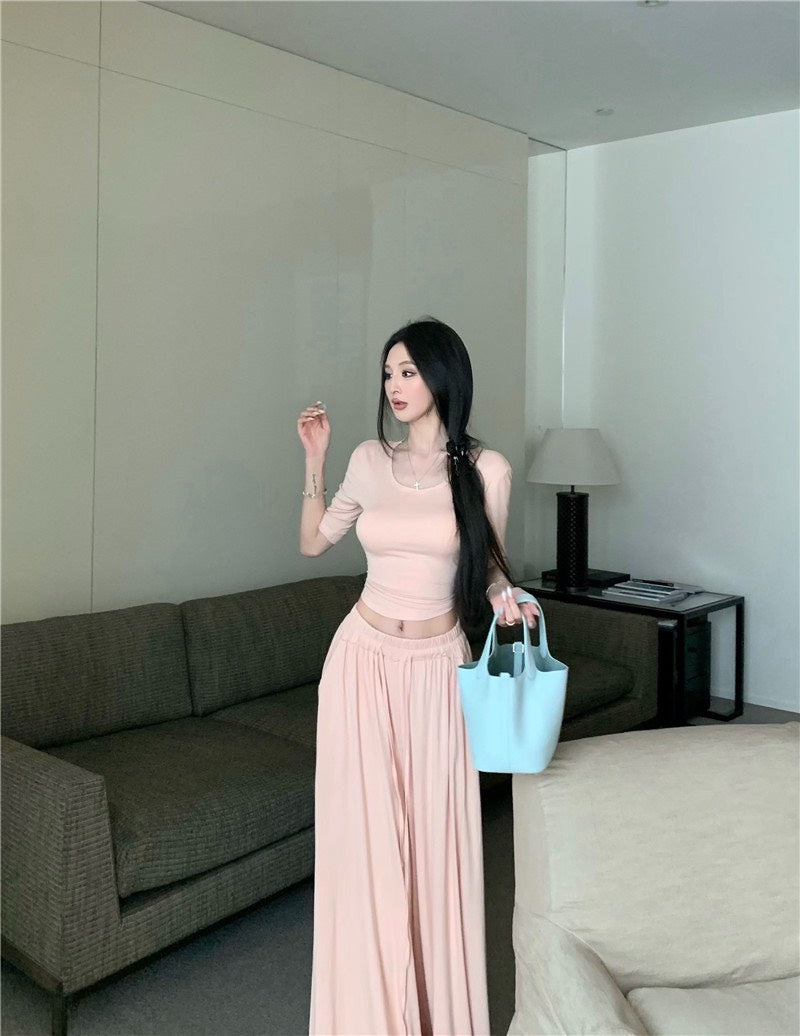 Jun. 溫柔小姊姊U領顯瘦鬆緊垂墜休閒褲套裝 肉粉色