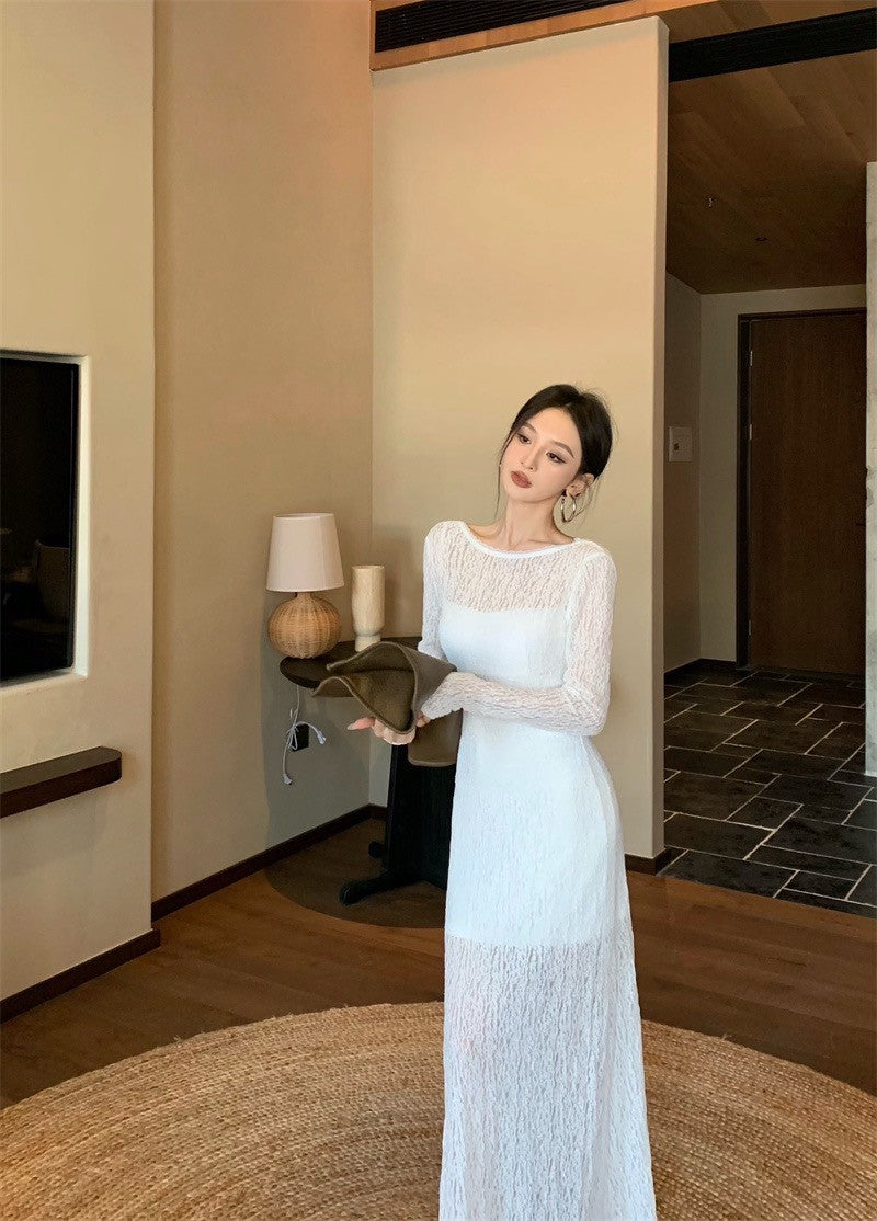 May. Backless dress歐美透視感疊穿連身裙（含內搭）白