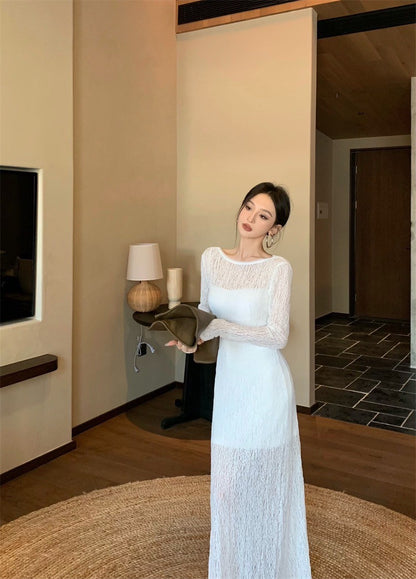 May. Backless dress歐美透視感疊穿連身裙（含內搭）白