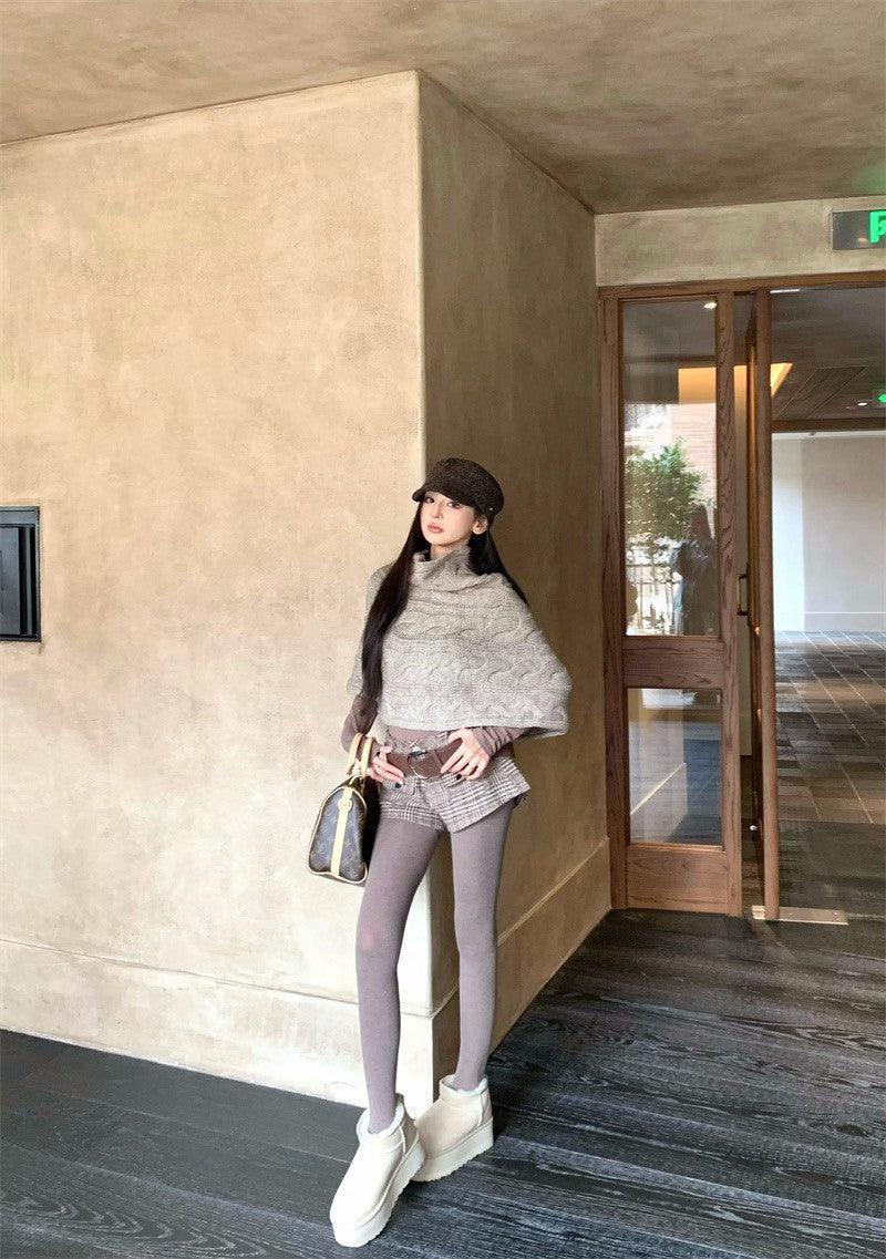 25Dec. 斗篷均碼多用法式花紗針織/英格蘭復古格紋短褲 卡其色系