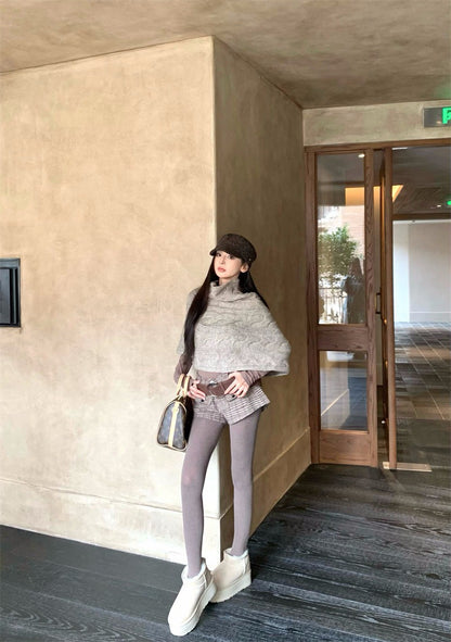 25Dec. 斗篷均碼多用法式花紗針織/英格蘭復古格紋短褲 卡其色系