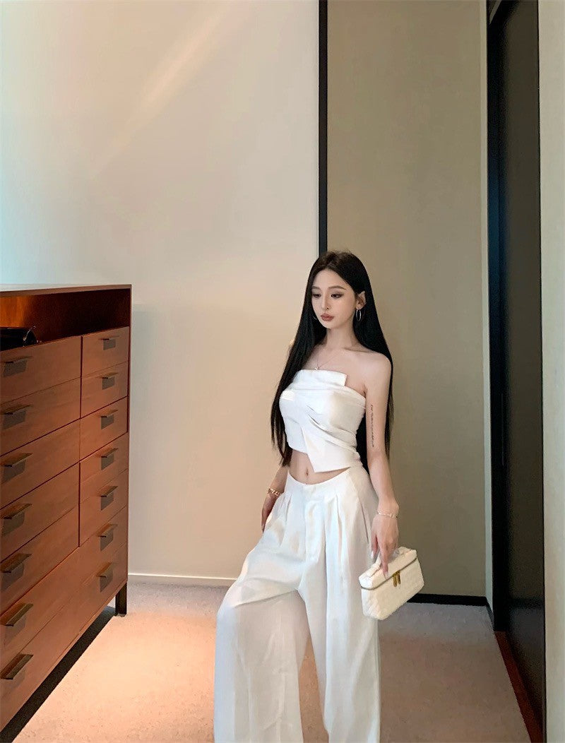 Jun. Origin 自然老錢 不規則抹胸高腰闊腿褲套裝 杏