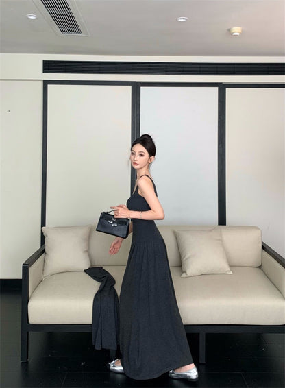 25Nov. 漫舞華爾滋 氣質針織U領連身裙披肩套裝 咖杏/灰