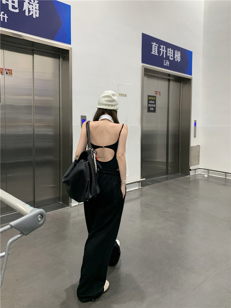 Jun. 歐美辣妹top高腰連體背心 鬆緊休閒褲 黑