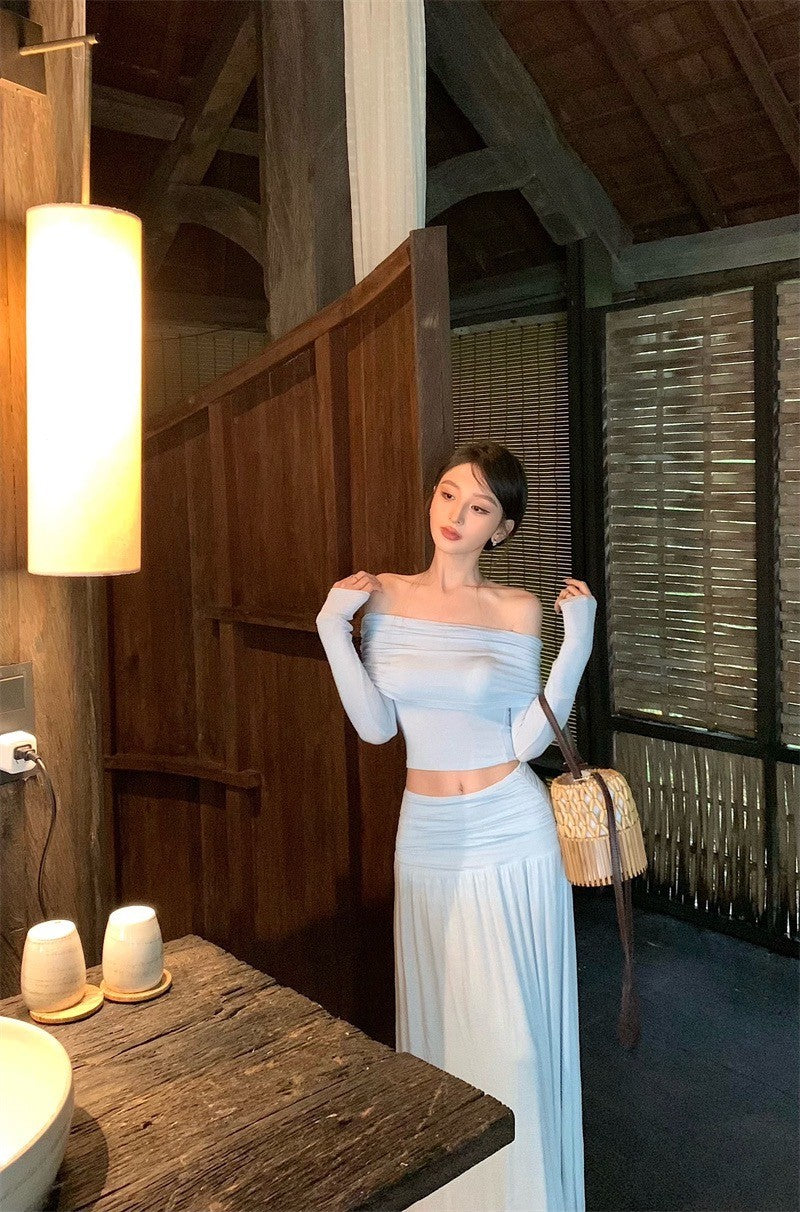 Apr. 法式浪漫 氣質一字翻領高腰抓皺半身裙套裝 淺藍