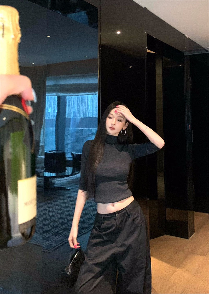 25Nov. 休閒酷妹美式高領上衣 黑色口袋闊腿工裝褲
