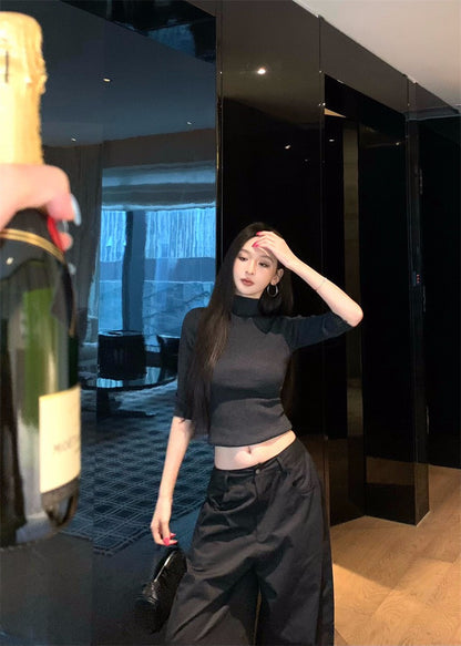 25Nov. 休閒酷妹美式高領上衣 黑色口袋闊腿工裝褲