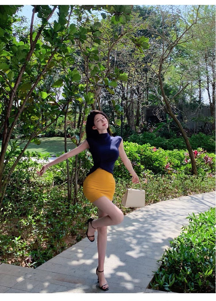 May. 黃金比例 春夏招財黃顯瘦半身裙 氣質半高領上衣