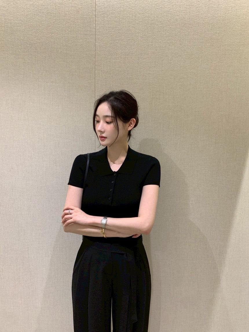 25Aug. 簡約polo排扣針織上衣 白/黑