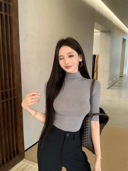 Jun. 高級知性 百搭顯瘦彈力上衣 灰 高腰闊腿褲 黑