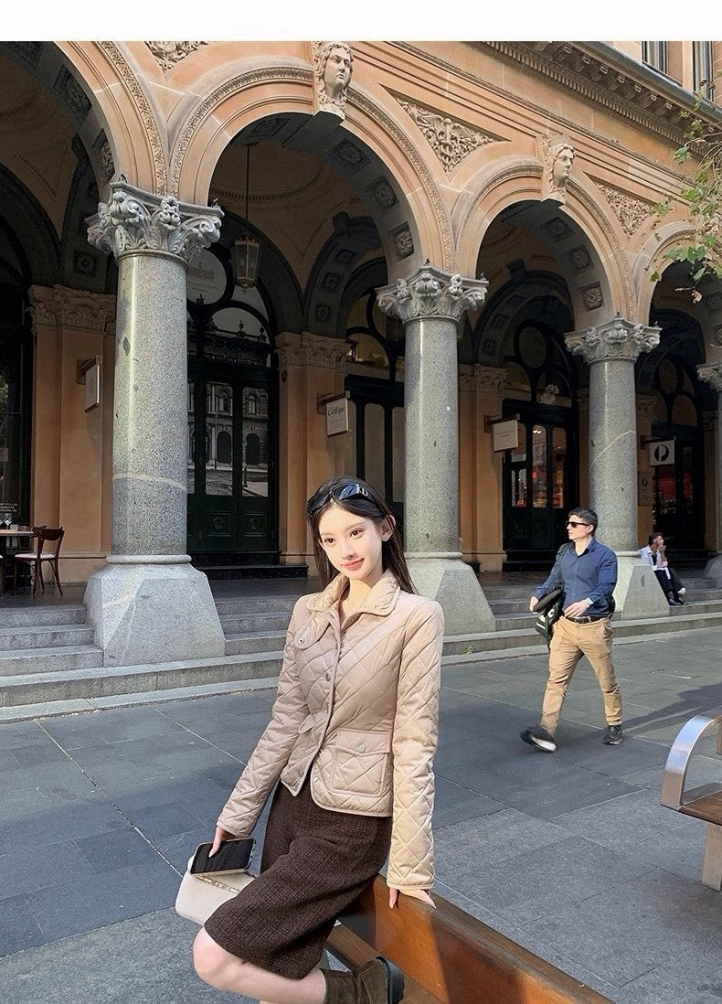 25Dec. Rha1*老錢菱格紋收腰羽絨外套 卡其