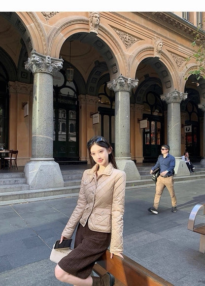 25Dec. Rha1*老錢菱格紋收腰羽絨外套 卡其