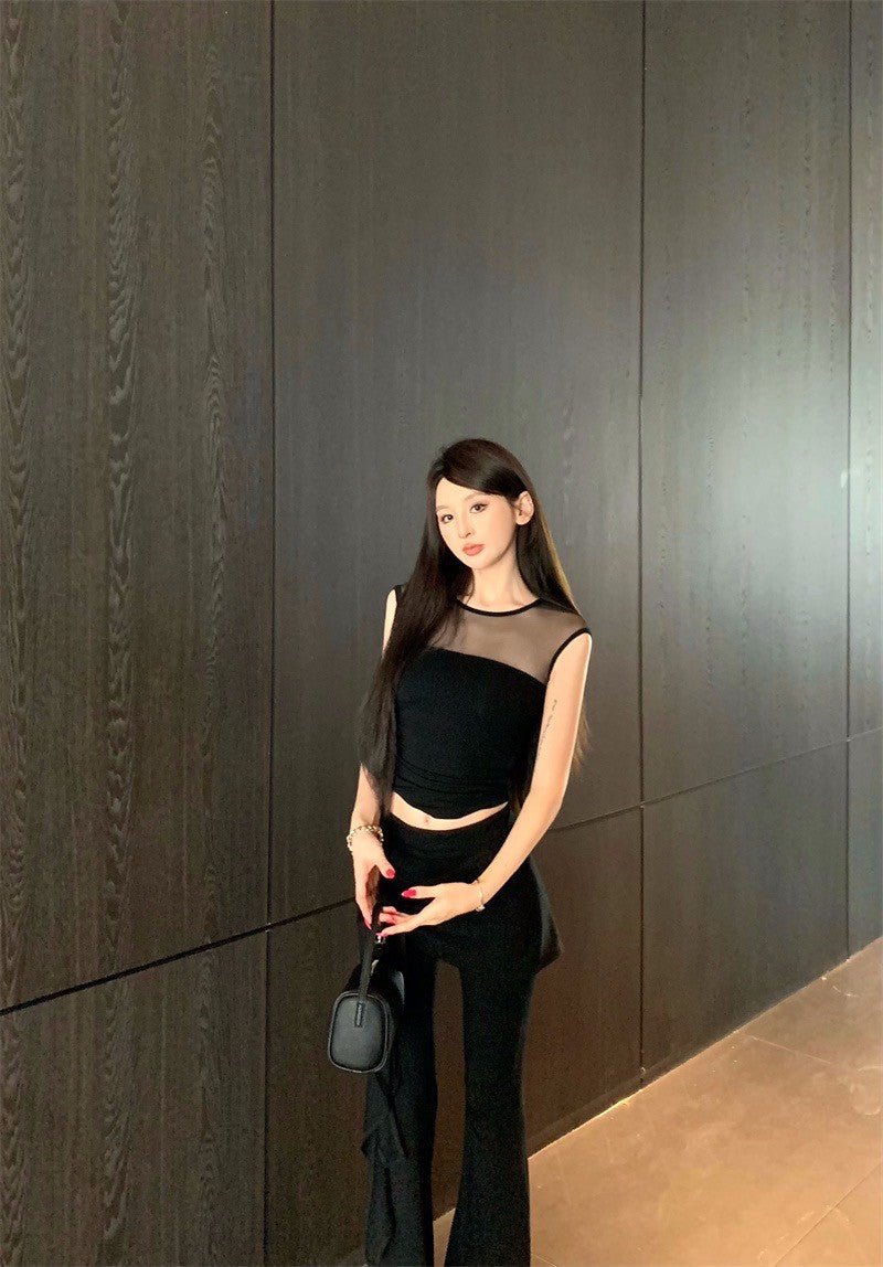 25Aug. 古典視覺網紗拼接上衣綁帶休閒褲套裝 黑色