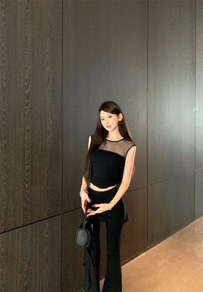 25Aug. 古典視覺網紗拼接上衣綁帶休閒褲套裝 黑色