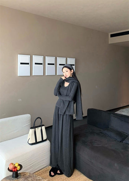 25Dec. 舒適至上多用式披肩U領長袖打底休閒褲三件套 灰