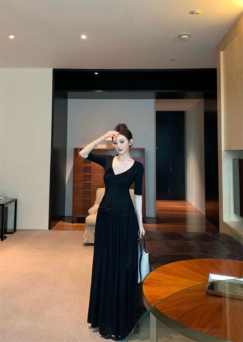 25Aug. 簡約韓系V領褶皺紙片連身裙 黑