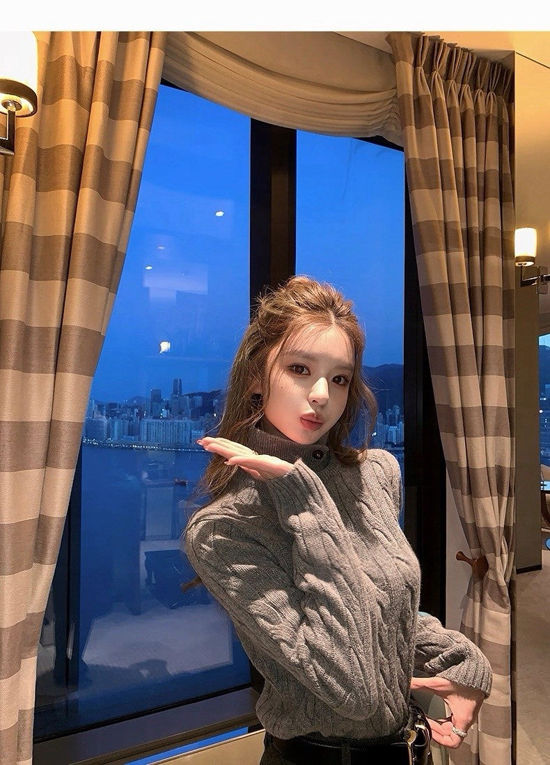 25Dec. 高智小圓33綿羊混毛翻/立領兩穿針織 灰