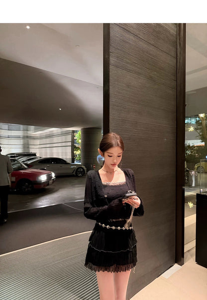 26May. 清甜奶香 氣質蝴蝶結肩帶紋理針織上衣2件套 白/黑