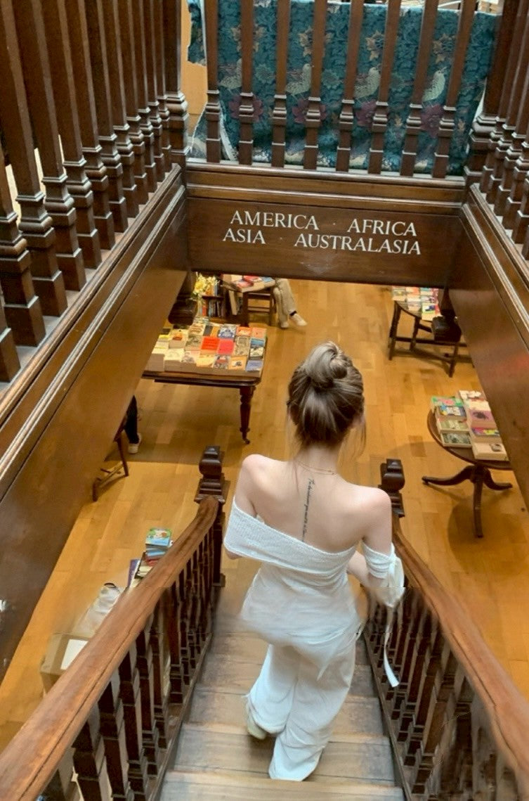 Jun. 輕氧布蕾 氣質一字領蕾絲飄帶上衣 米白