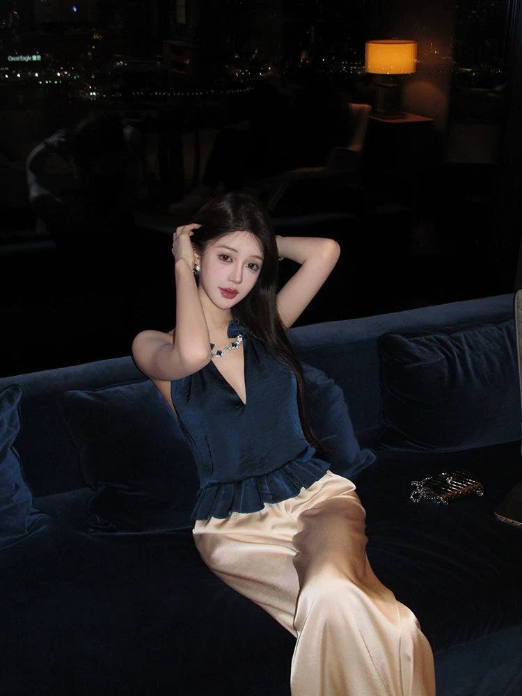 May. 琴酒小蒼蘭 珠寶緞面挖背收擺上衣