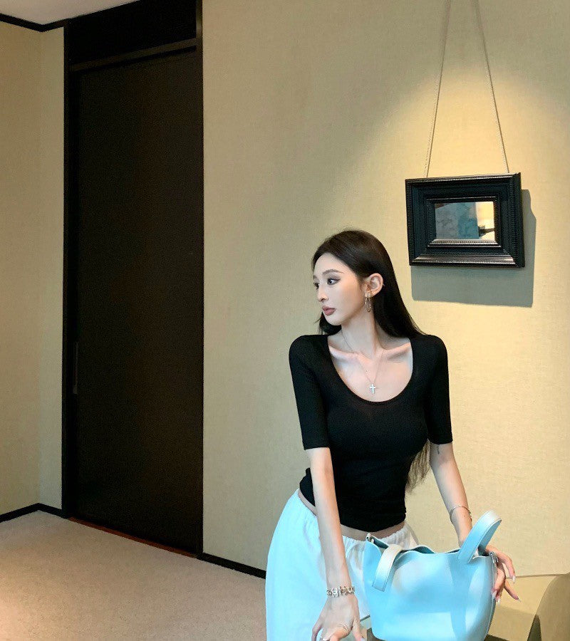 25Jul. 淡顏天菜 U領/圓領正肩好版型上衣 米白/黑色