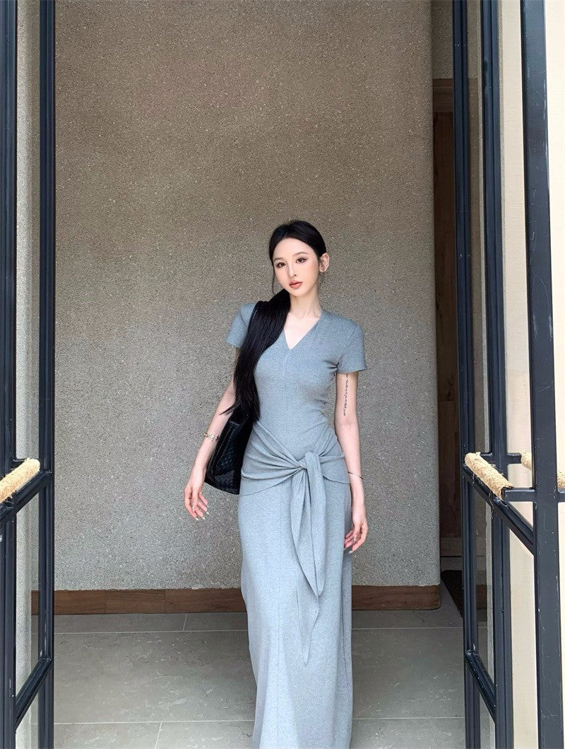 25Aug. 一件式穿不膩繫帶V領短袖連身長裙 灰/黑