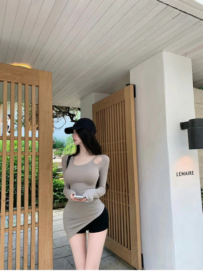 26Oct. 韓女氛圍感左肩縷空不規則設計彈力上衣 灰卡
