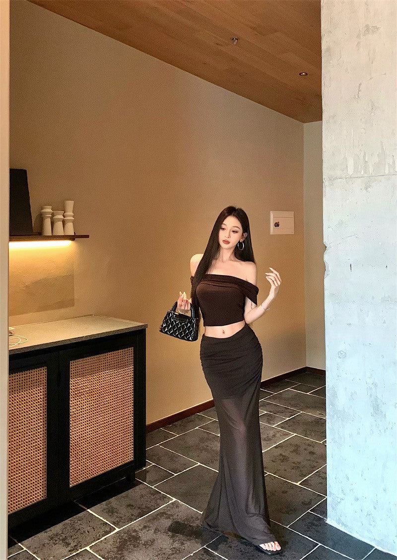 Jun. 淺辣girl 復古一字領透紗半身裙套裝 咖