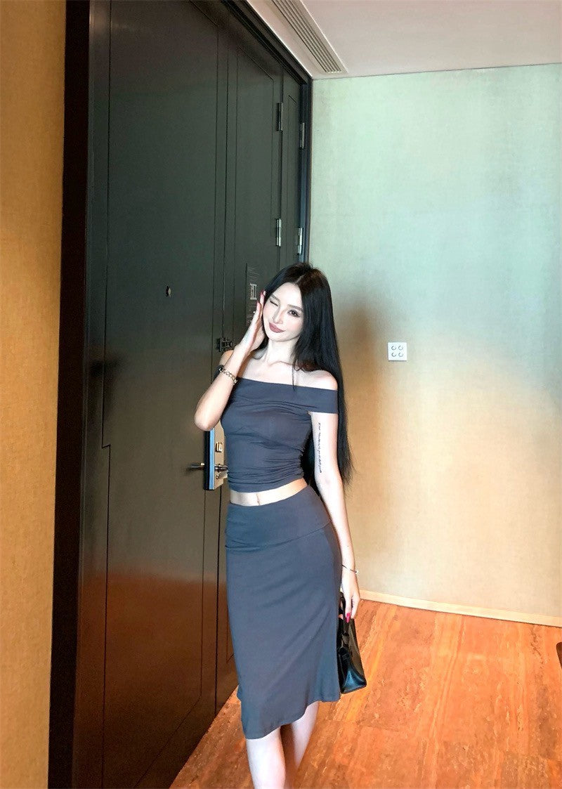 25Sep. 輕熟御姐一字領七分裙套裝 灰