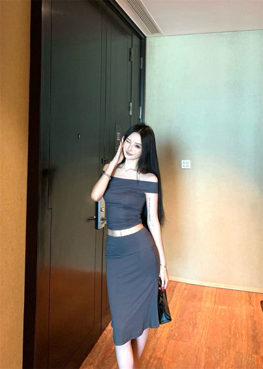 25Sep. 輕熟御姐一字領七分裙套裝 灰