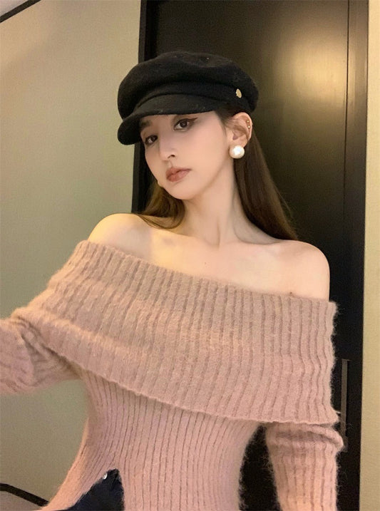 Feb. Candysofa 軟糯一字直坑紋開叉針織上衣 粉橘