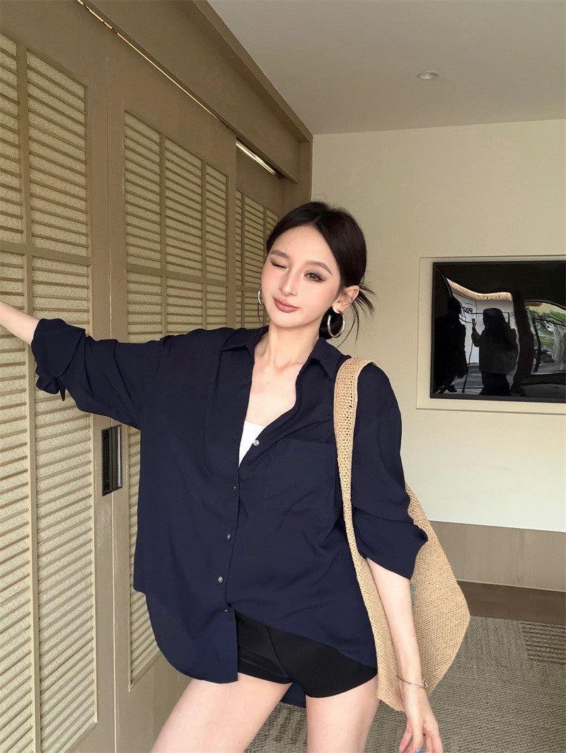 26Jun. 慵懶老錢韓系多色口袋襯衫 純白/粉/杏/藏藍