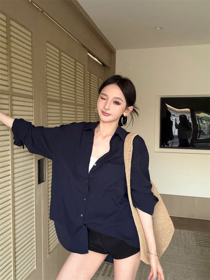 26Jun. 慵懶老錢韓系多色口袋襯衫 純白/粉/杏/藏藍